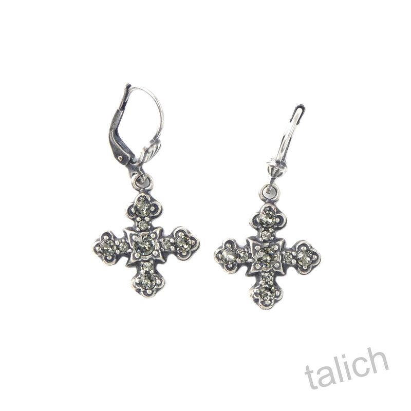 Catherine Popesco Antique Silver Small Square Cross Earrings with Crystals - product image 