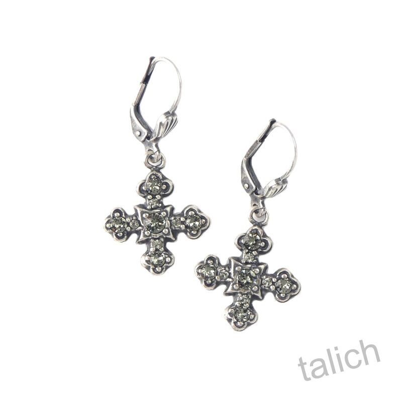 Catherine Popesco Antique Silver Small Square Cross Earrings with Crystals - product image 
