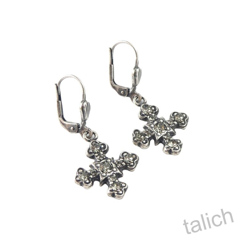 Catherine Popesco Antique Silver Small Square Cross Earrings with Crystals - product image 