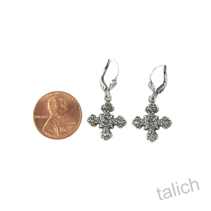 Catherine Popesco Antique Silver Small Square Cross Earrings with Crystals - product image 