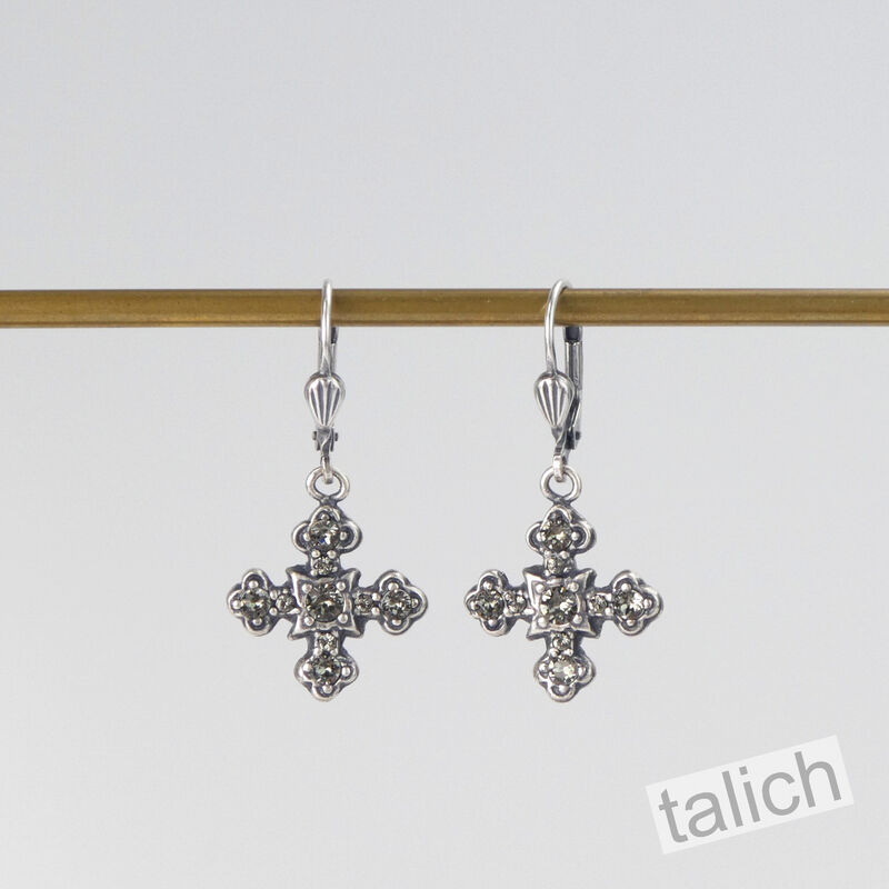 Catherine Popesco Antique Silver Small Square Cross Earrings with Crystals - product image 