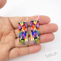Artista Earrings - 'Orchid' Multicolor Abstract Floral Art Rectangle - product images 4 of 4