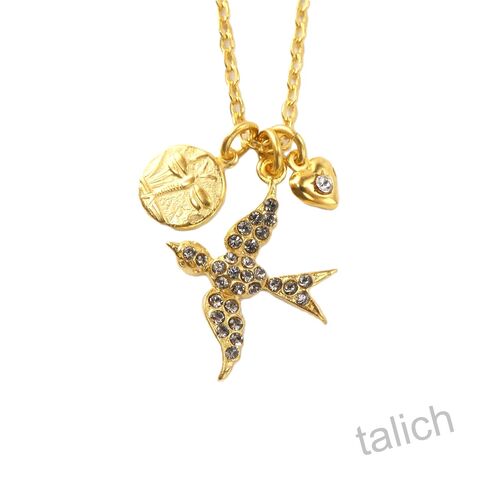 Catherine,Popesco,Swallow,Dragonfly,Heart,Triple,Charms,Necklace,Catherine Popesco Necklace, La Vie Parisienne Necklace, Catherine Popesco Jewelry, Catherine Popesco Paris