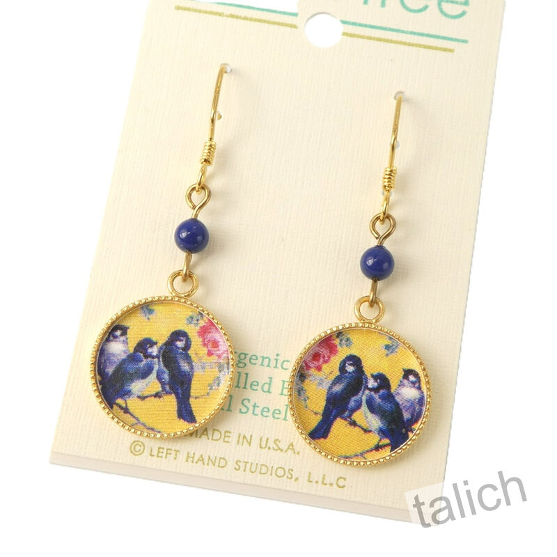 Lemon Tree - Blue Birds with Rose Lace Brass Disc Earrings - product image 