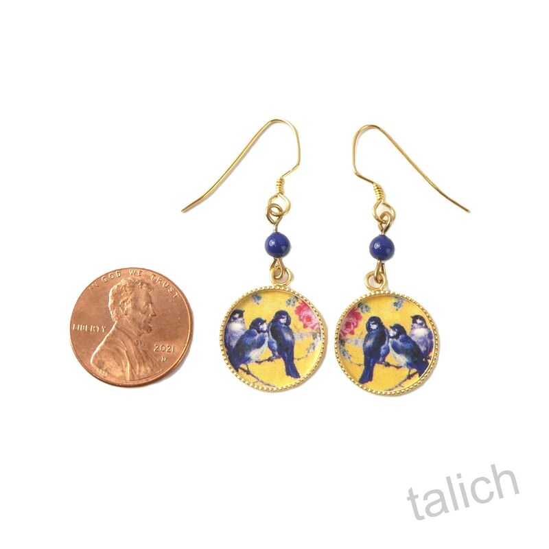 Lemon Tree - Blue Birds with Rose Lace Brass Disc Earrings - product image 