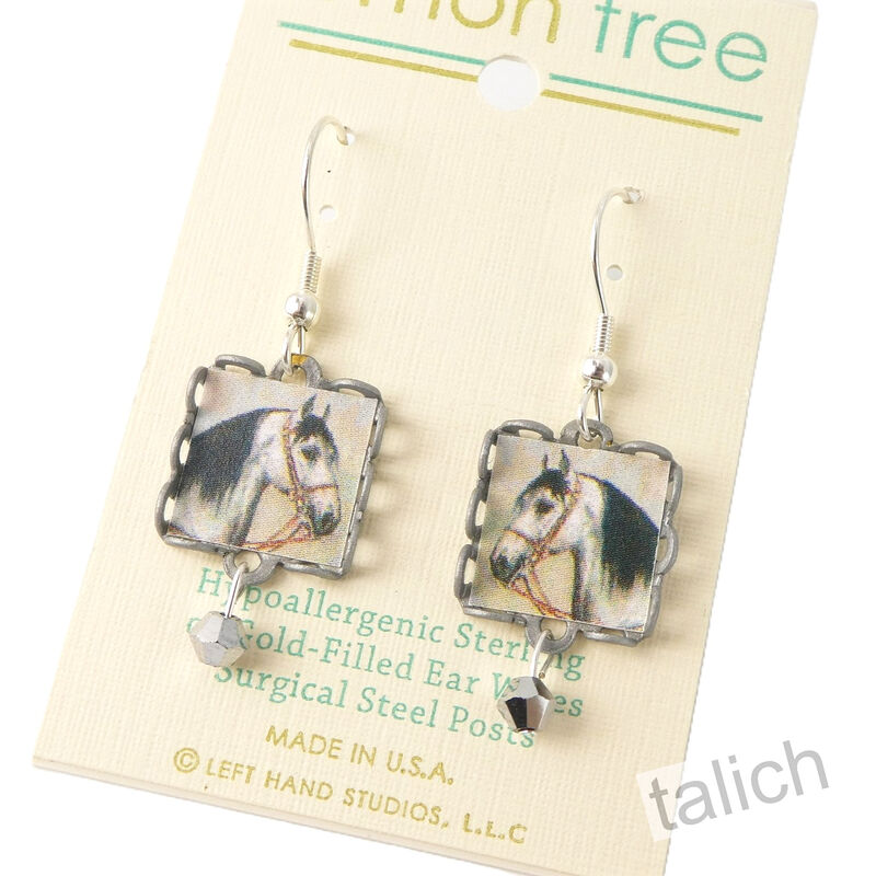 Lemon Tree - White Horse with Black Mane Square Lace Brass Earrings - product image 