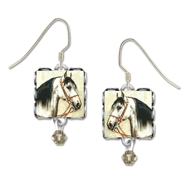 Lemon Tree - White Horse with Black Mane Square Lace Brass Earrings - product image 