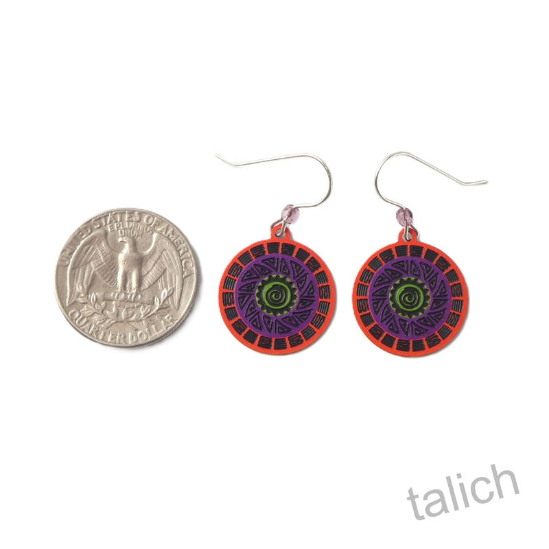 Adajio Earrings - Red Purple &amp; Green Spiral Tribal Disc - product image 