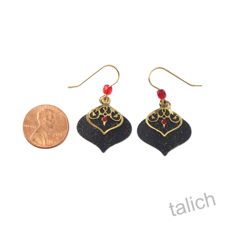 Adajio Earrings - Black Teardrop with Shiny Gold Scroll Overlay - product image 