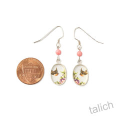 Lemon Tree - Bird with Flowers Small Oval Earrings with Pink Bead - product images 4 of 4
