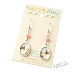 Lemon Tree - Bird with Flowers Small Oval Earrings with Pink Bead - product images 2 of 4