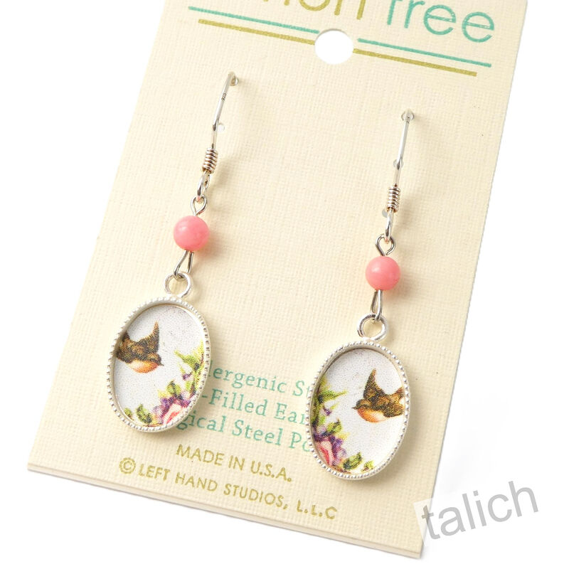 Lemon Tree - Bird with Flowers Small Oval Earrings with Pink Bead - product image 